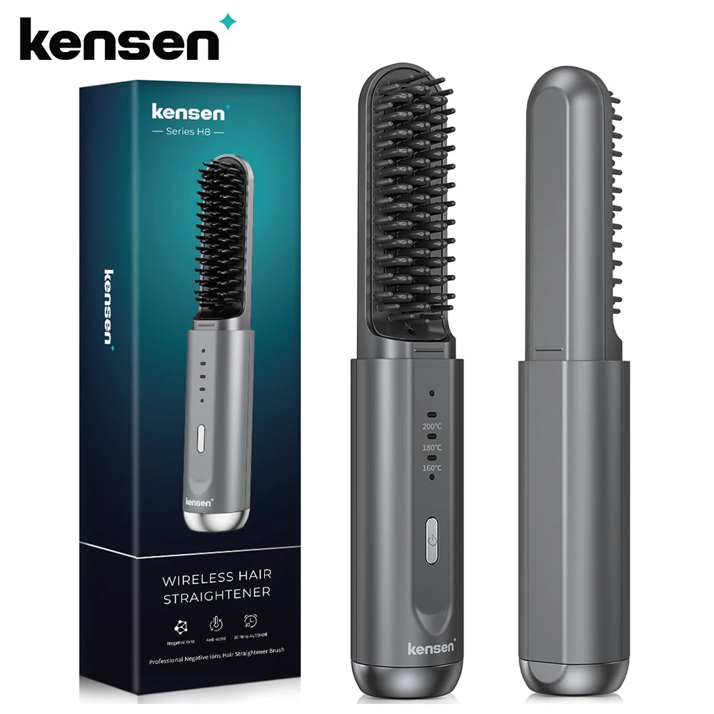 Kensen Cordless Hair Straightener Brush – Negative Ion USB Travel Styling Comb