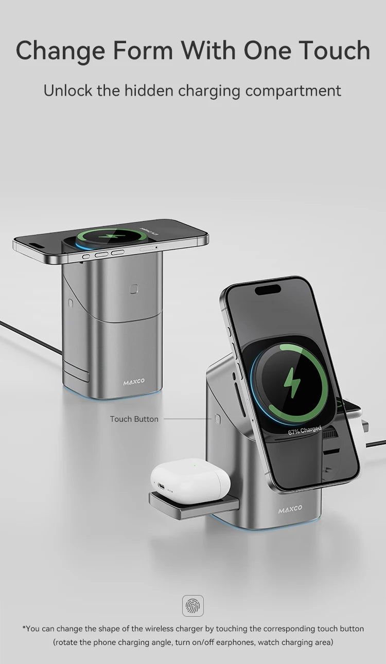 Maxco MW15 Qi2 Auto Rotate Magnetic Wireless Charging Stand – 3-in-1 Fast Charge