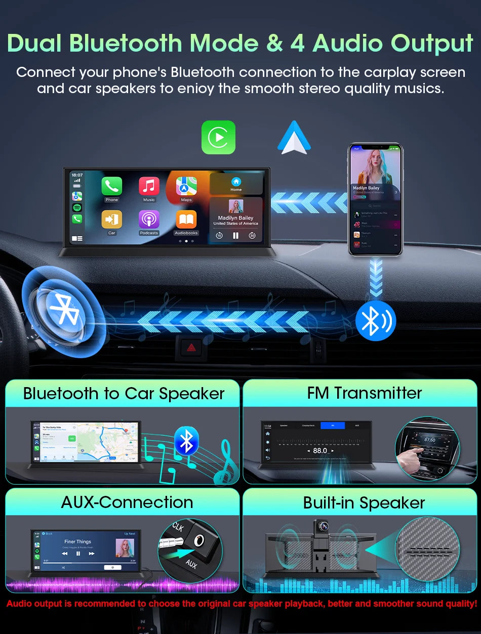 Jansite 10.26"/11.26" Wireless Apple CarPlay & Android Auto Screen with 4K Dash Cam Support