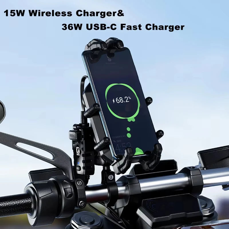 VBNM Motorcycle Phone Holder with Wireless Charging – 15W Qi + 30W USB-C PD