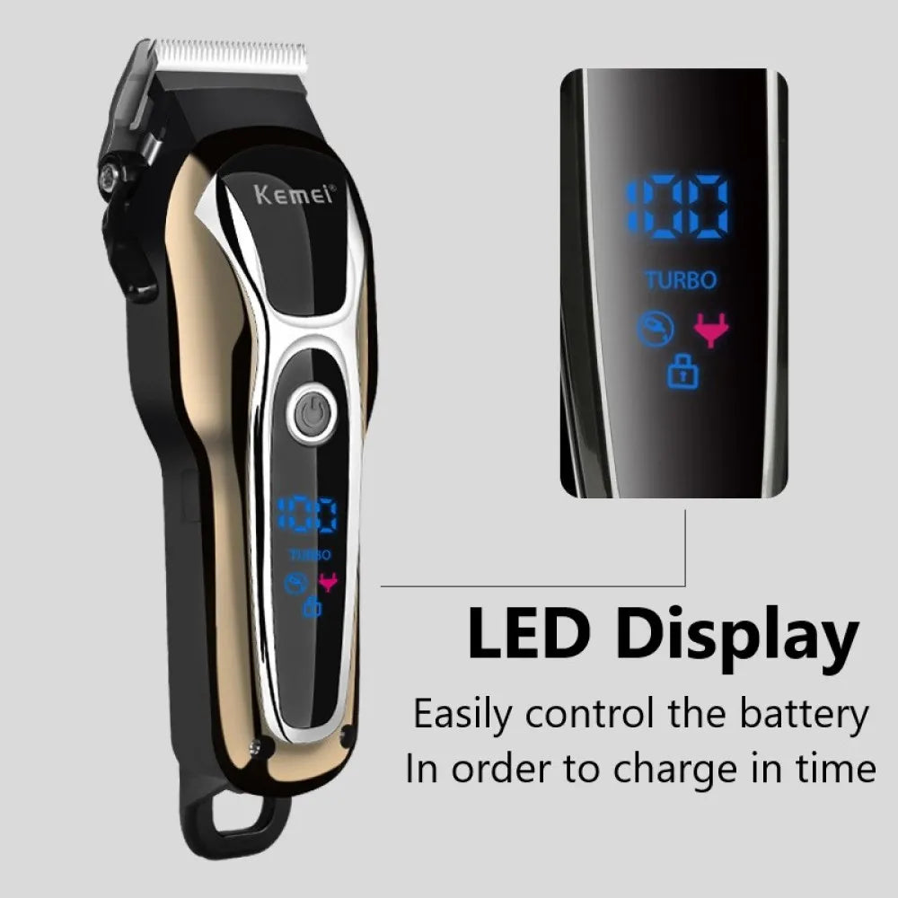 Kemei KM-1990 Electric Hair Trimmer – Digital Display, Fast Charging, Wet & Dry