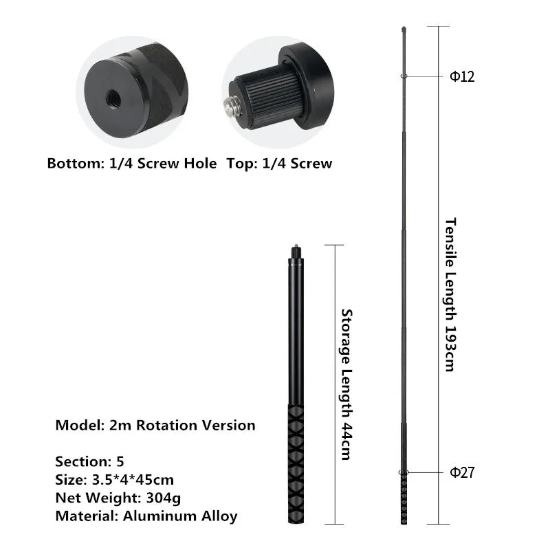 Aluminum Selfie Stick for Insta360, GoPro & DJI Action Cameras