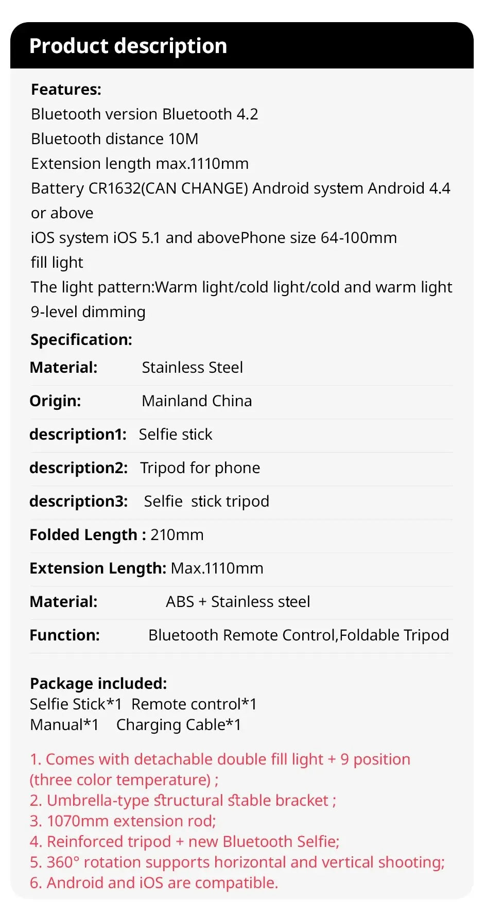 L15 Foldable Bluetooth Selfie Stick with Wireless Remote