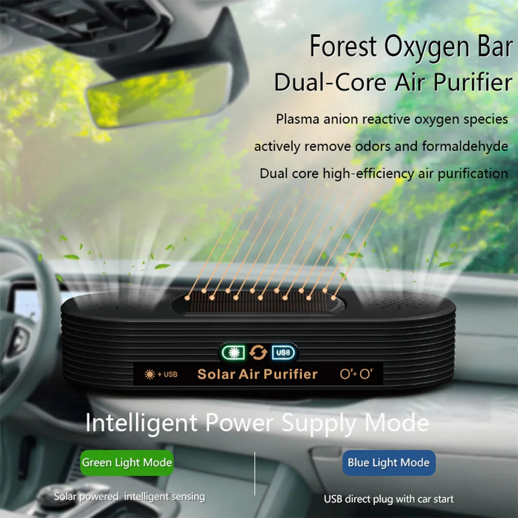 Solar USB Car Air Purifier – Dual-Mode Ion & Active Oxygen Ozone Cleaner with Auto Power Switch