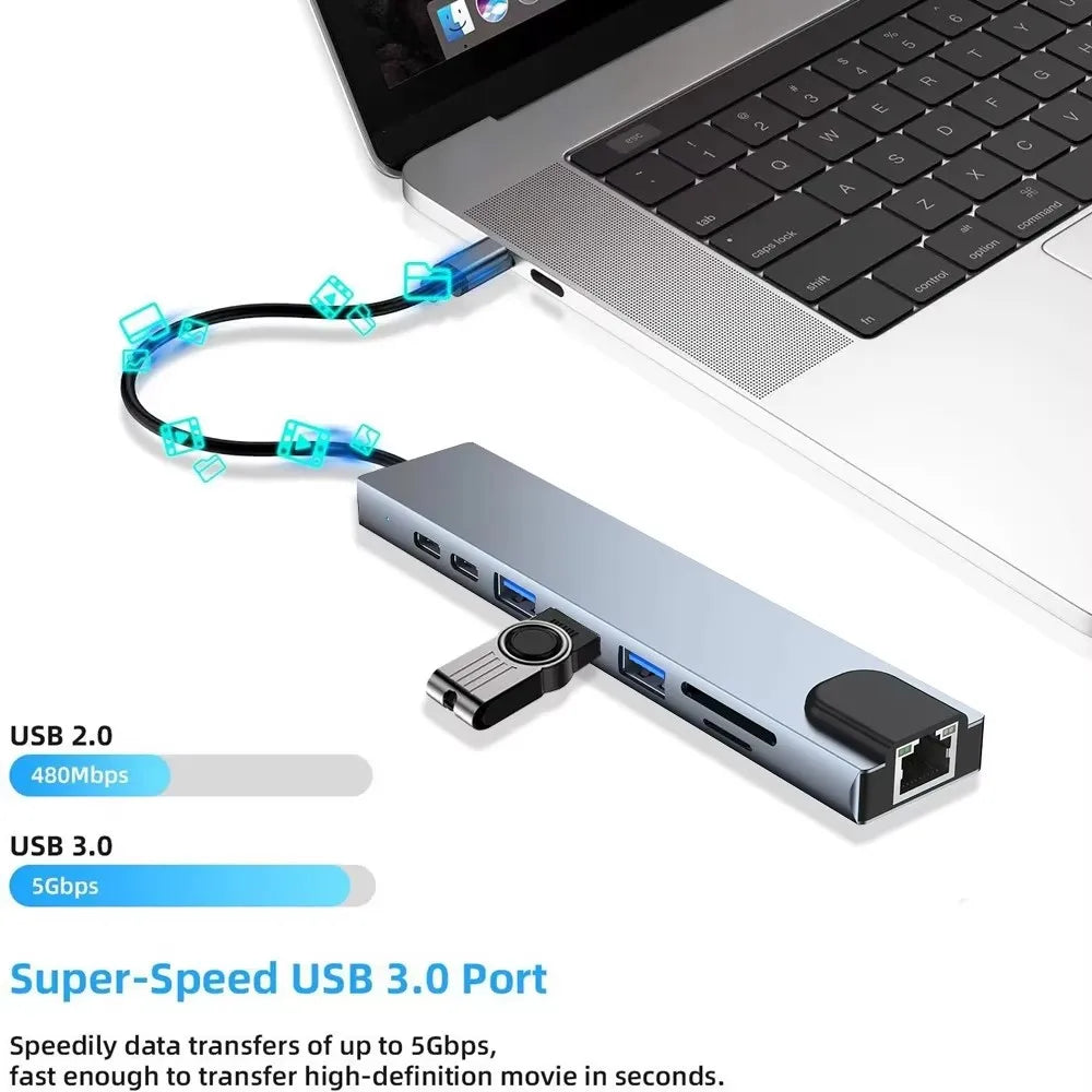 Type-C Hub 8-Port – 4K HDMI, LAN, USB 3.0, SD/TF, 100W PD Adapter