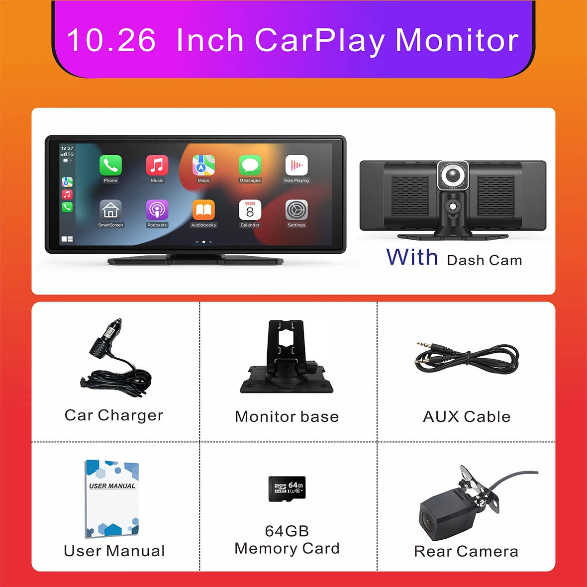 Pionray 10.26” Portable Wireless CarPlay & Android Auto Screen with Dual Camera Support