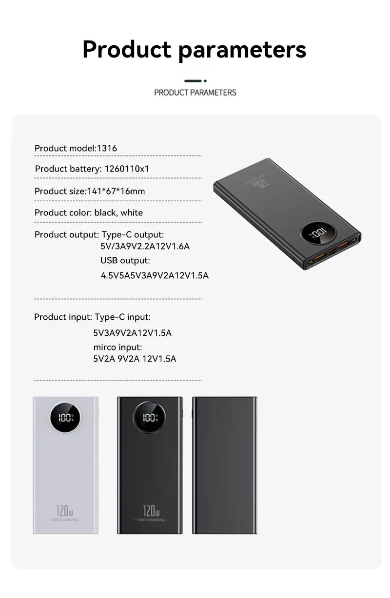120W Ultra-High Capacity Power Bank 80000mAh – Fast Charging with Digital Display