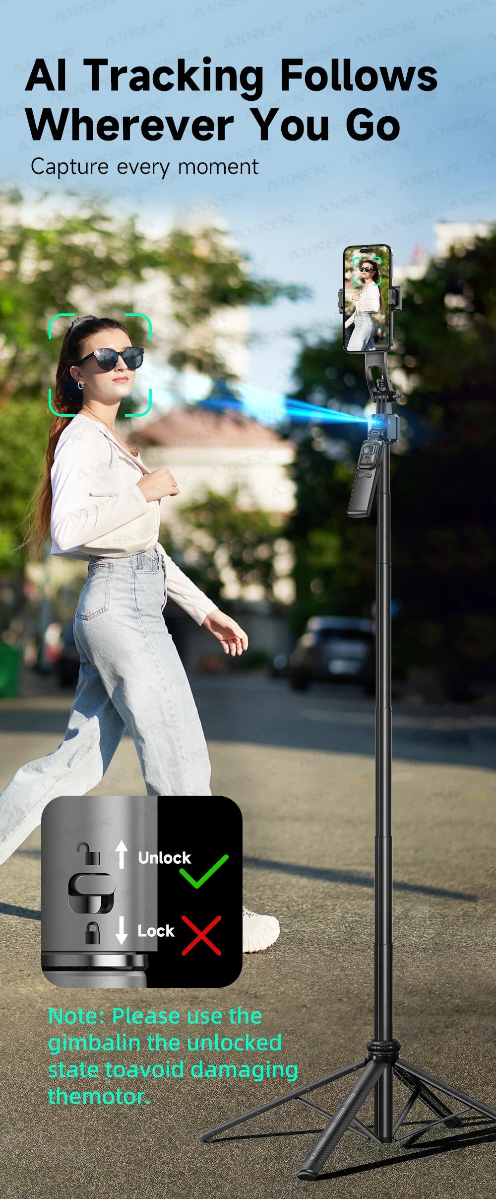 AI Face Tracking Selfie Stick Tripod – 1.63m Smart Quadrapod