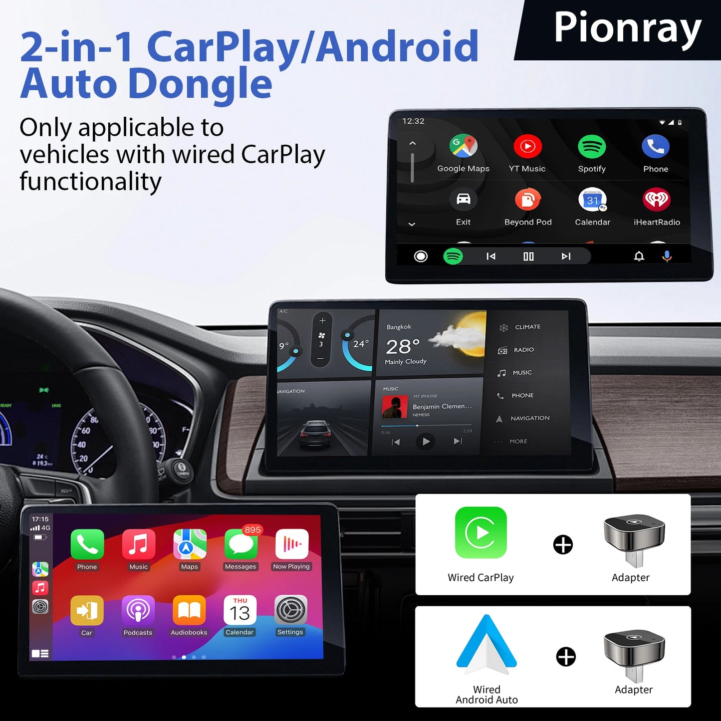 PIONRAY 2-in-1 Wireless CarPlay & Android Auto Adapter – Plug & Play 5.8GHz WiFi