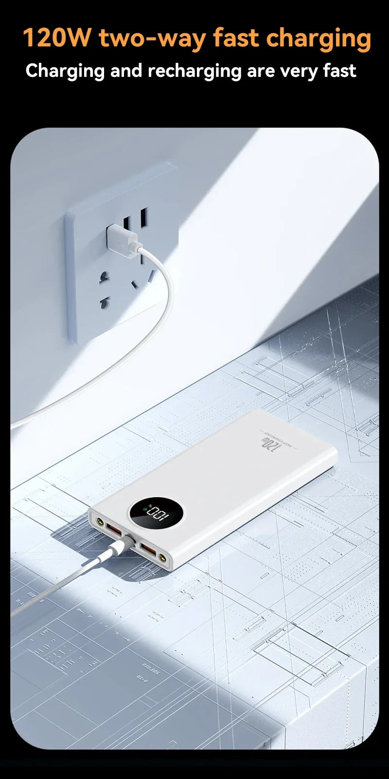 120W Ultra-High Capacity Power Bank 80000mAh – Fast Charging with Digital Display