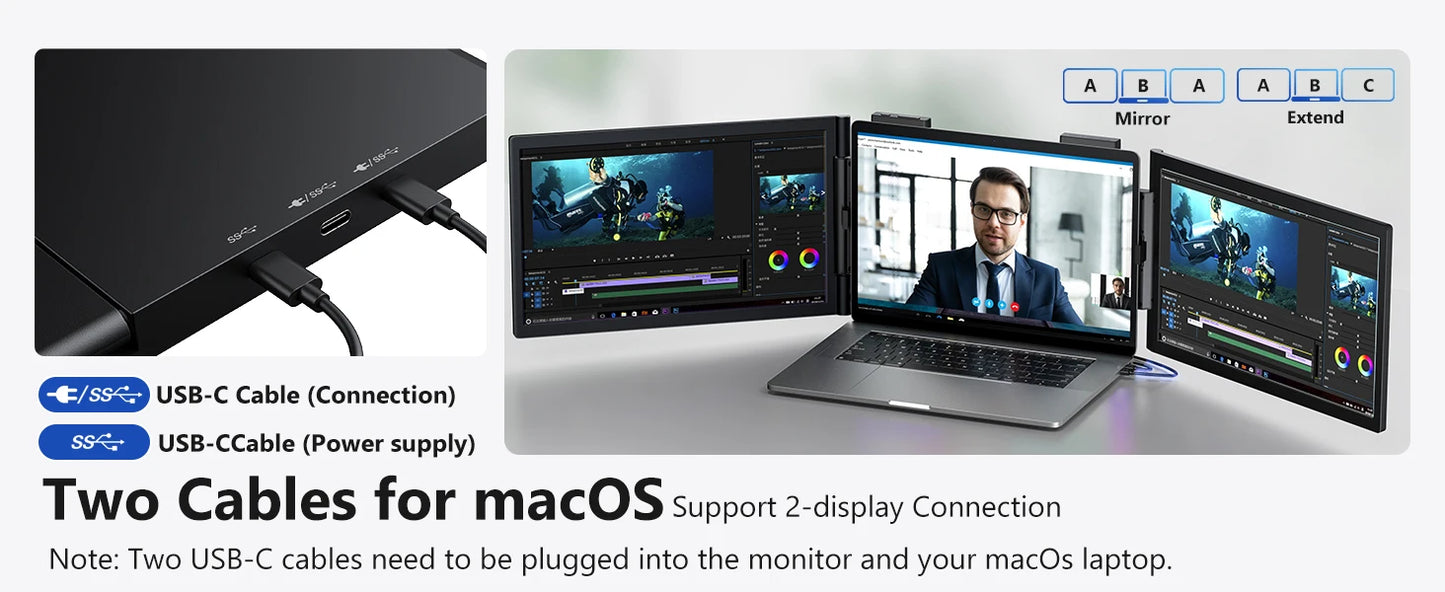 Amoudo 14″ Triple Screen Laptop Extender IPS Monitor | FHD 1920×1080 | USB-C Plug & Play | Portable Dual Screen