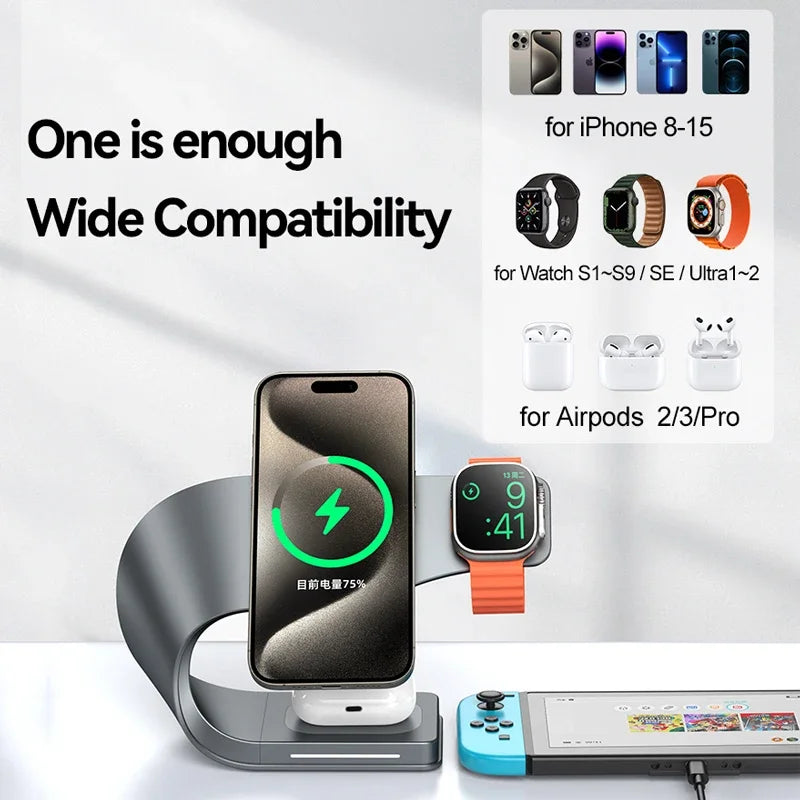 4-in-1 Magnetic Wireless Charger – Metal Fast Charging for iPhone, Watch & Earbuds