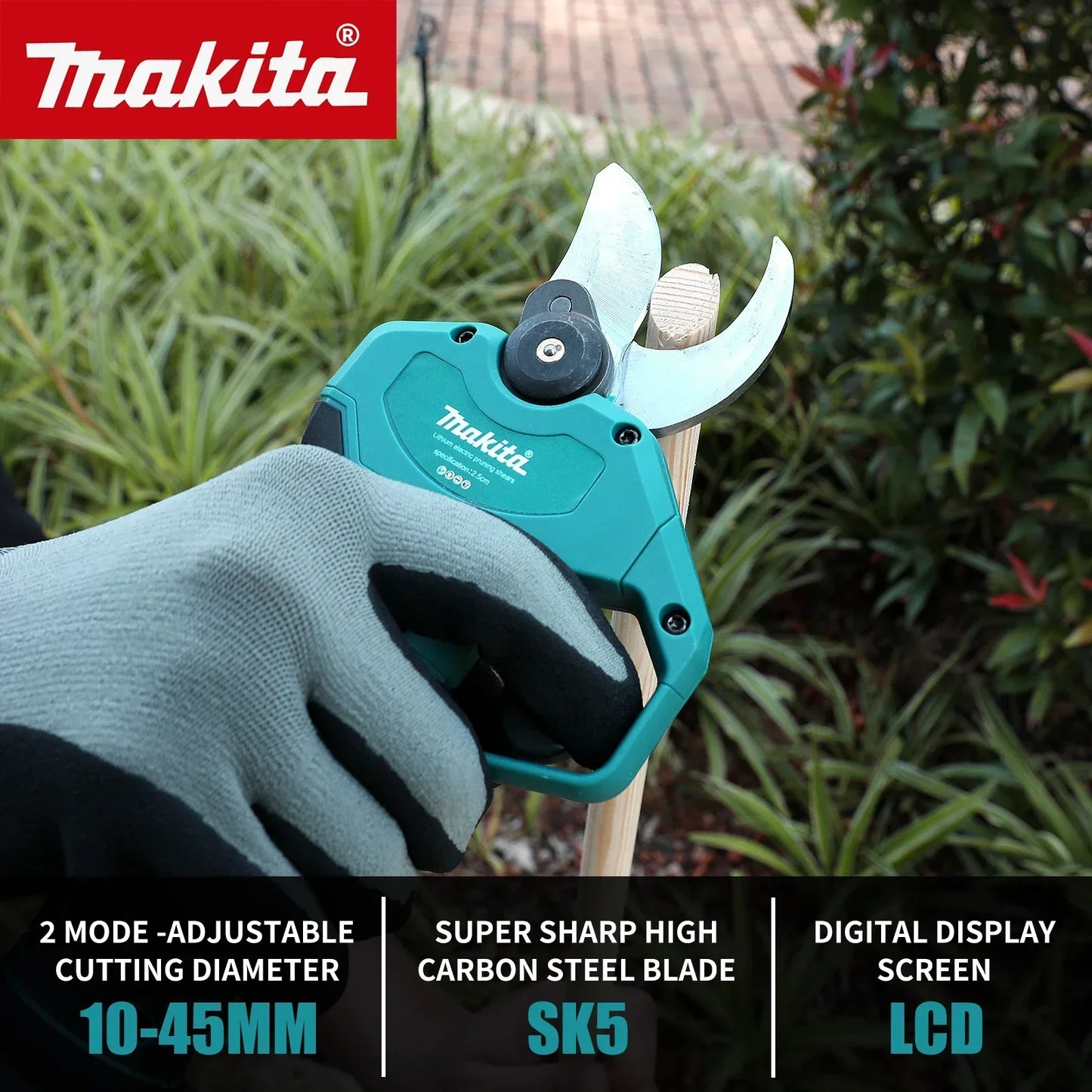 Makita Cordless Electric Pruning Shears 18V – Brushless Motor, SK5 Steel Blade, LCD Display
