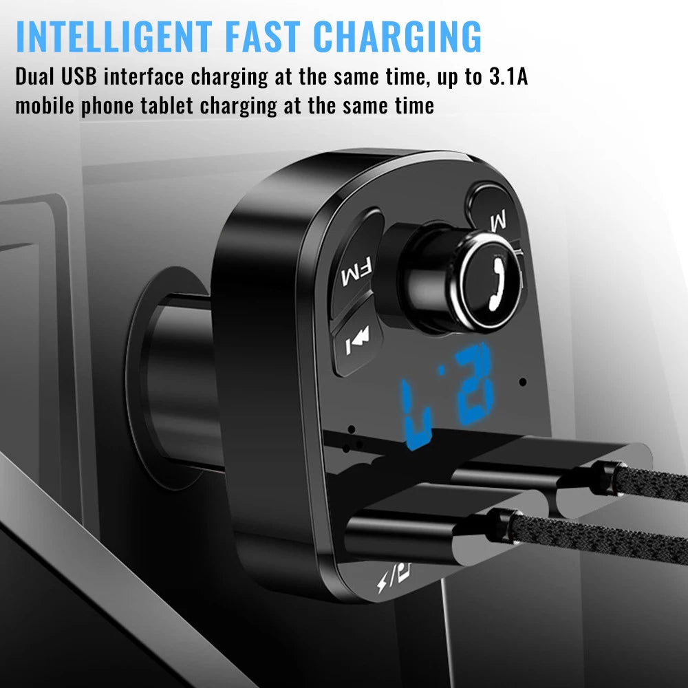 S5 Bluetooth FM Transmitter with Dual USB Charging – Hands-Free Car Kit (12–24V, LED Display)