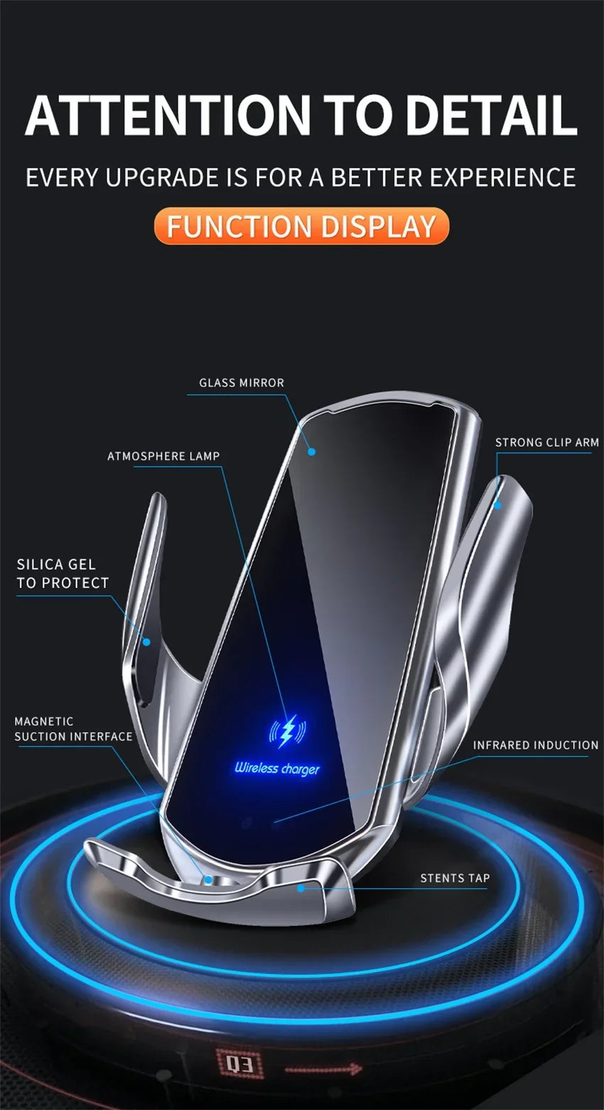 VIKEFON Qi 100W Wireless Car Fast Charger with Cooling Fan & One-Hand Operation