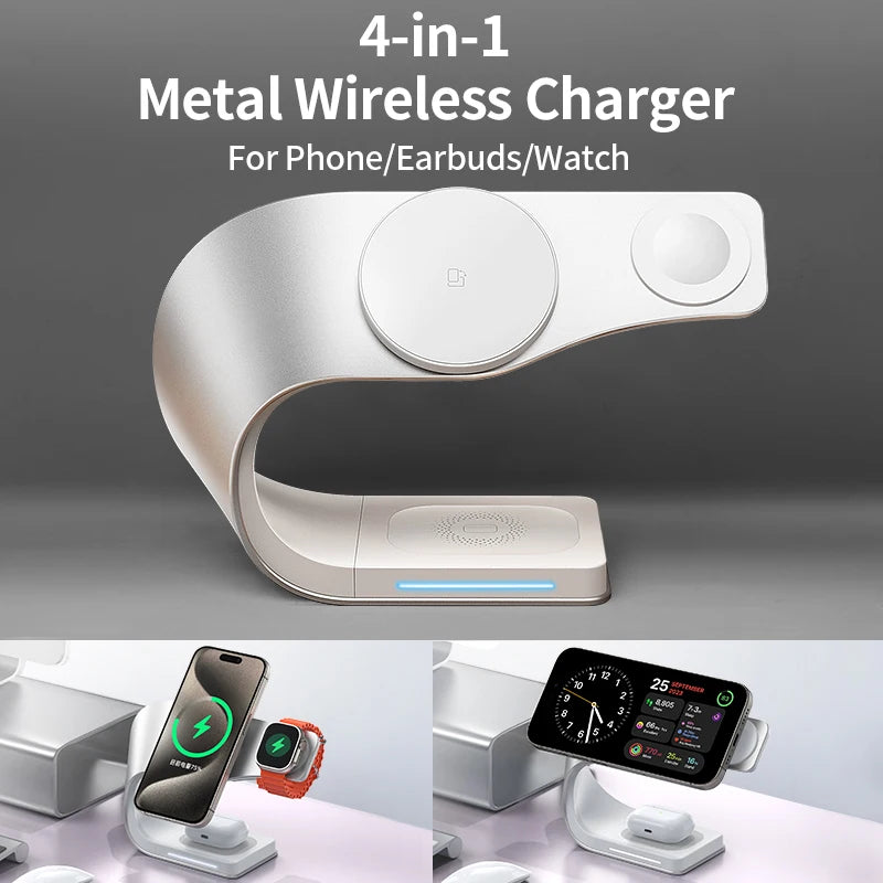 4-in-1 Metal Magnetic Wireless Charger 15W for iPhone, Watch & AirPods