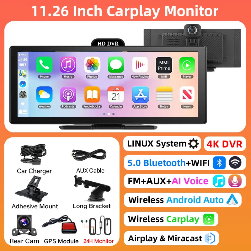11.26″ 4K Dashboard Dash Cam – Wireless CarPlay & Android Auto, Dual Camera DVR with GPS
