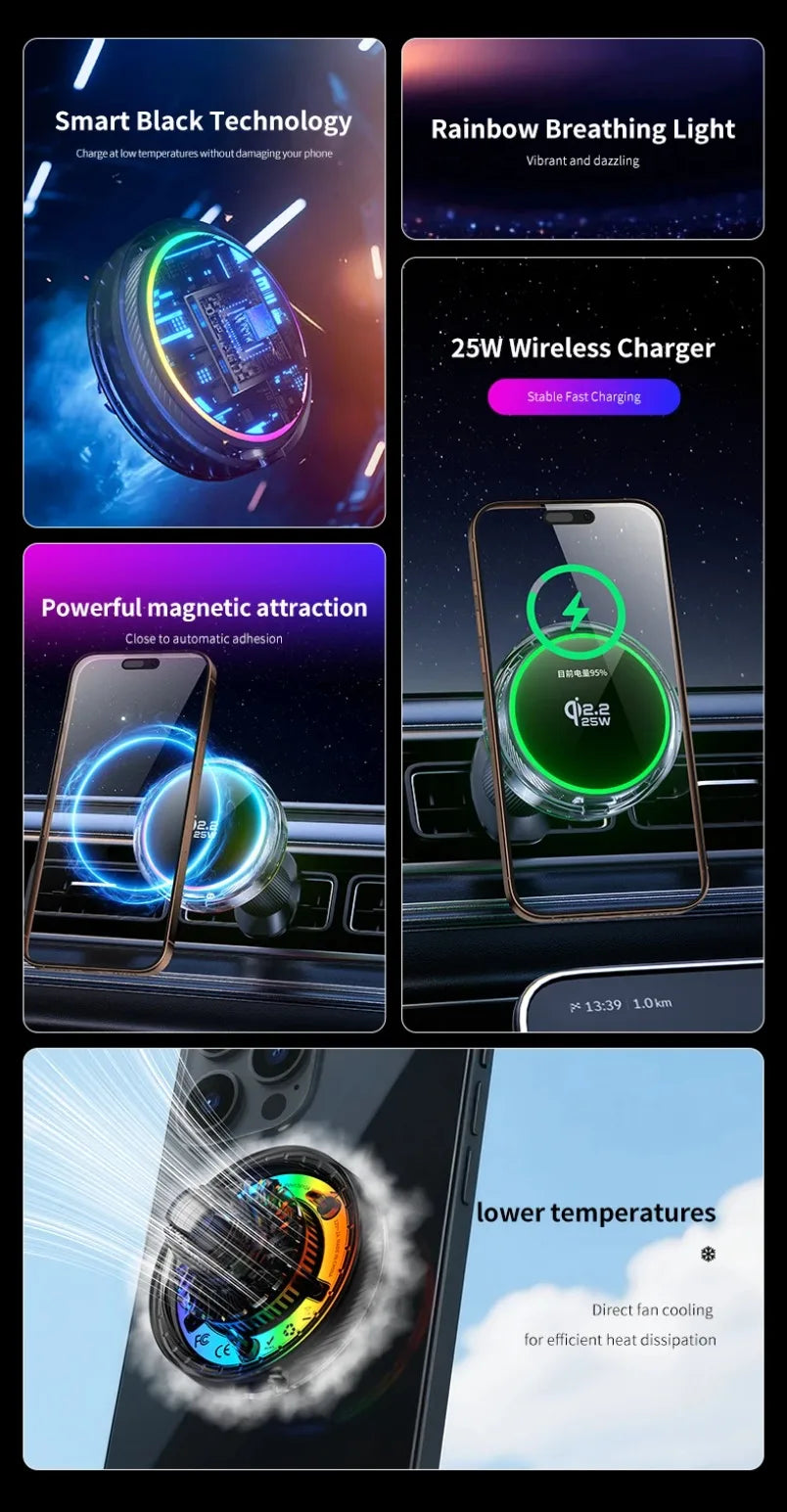 VIKEFON MagSafe-Style Car Charger – 15W Fast Wireless Charging with Cooling Fan