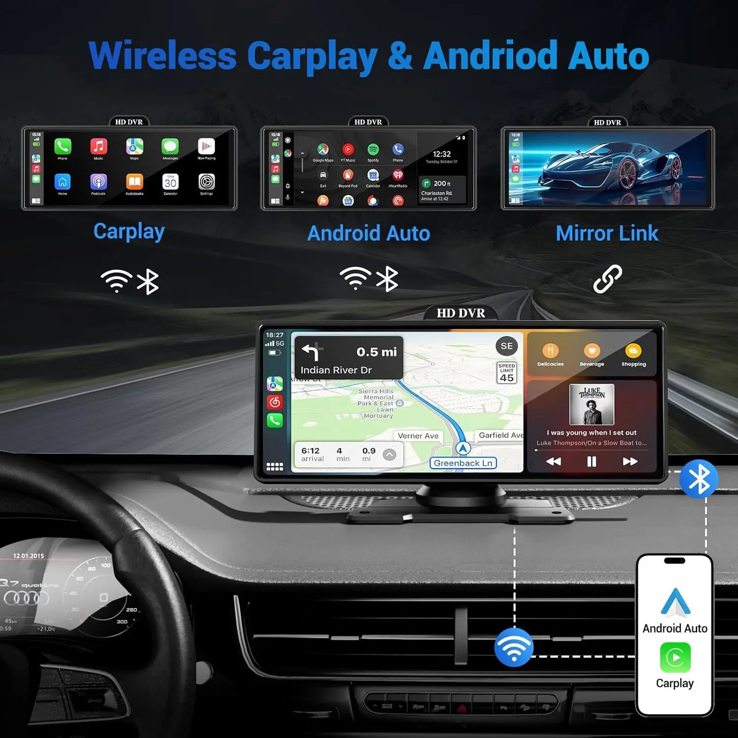 11.26″ 4K Dashboard Dash Cam – Wireless CarPlay & Android Auto, Dual Camera DVR with GPS