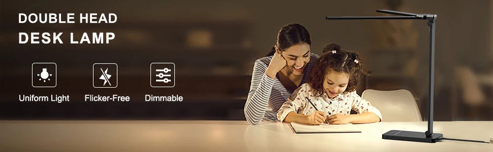 Double-Head LED Desk Lamp with USB Charging | Eye-Care Touch Control, 50 Lighting Modes