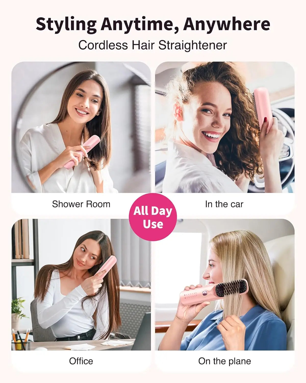 Cordless Hair Straightener Brush – Wireless, Adjustable Heat, Travel-Ready