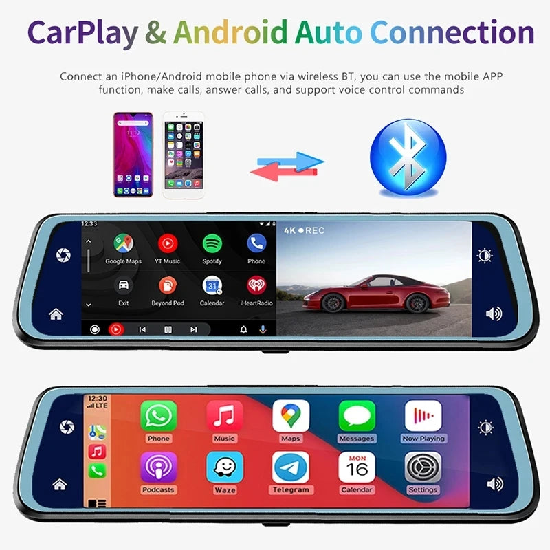 10″ 4K Car DVR Touch Screen with Wireless CarPlay & Android Auto – Front & Rear Dash Cam