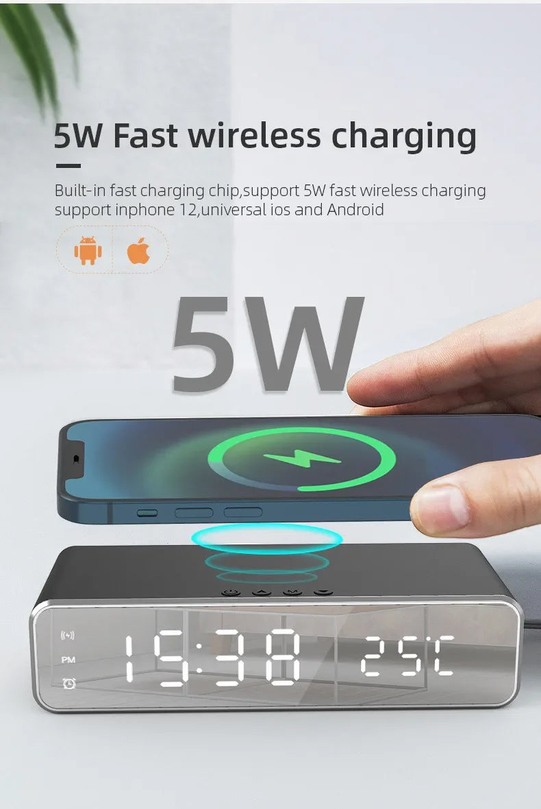 Opansten Wireless Charging Alarm Clock – 5W Qi Charger with Time, Temperature & LED Display