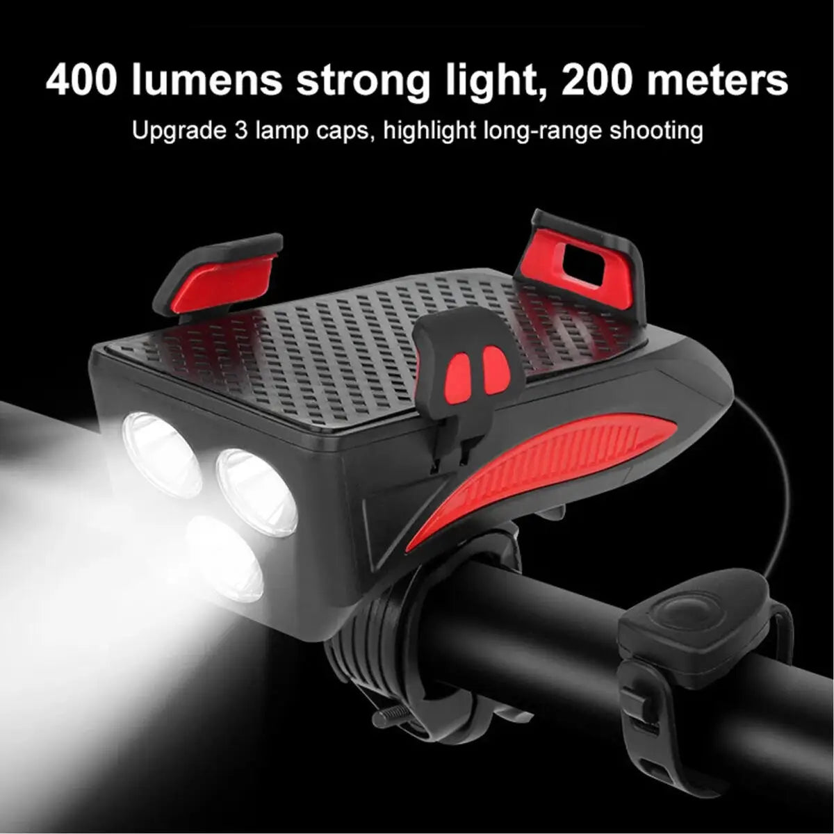 4-in-1 Bicycle Phone Holder with Headlight, Horn & 4000mAh Power Bank