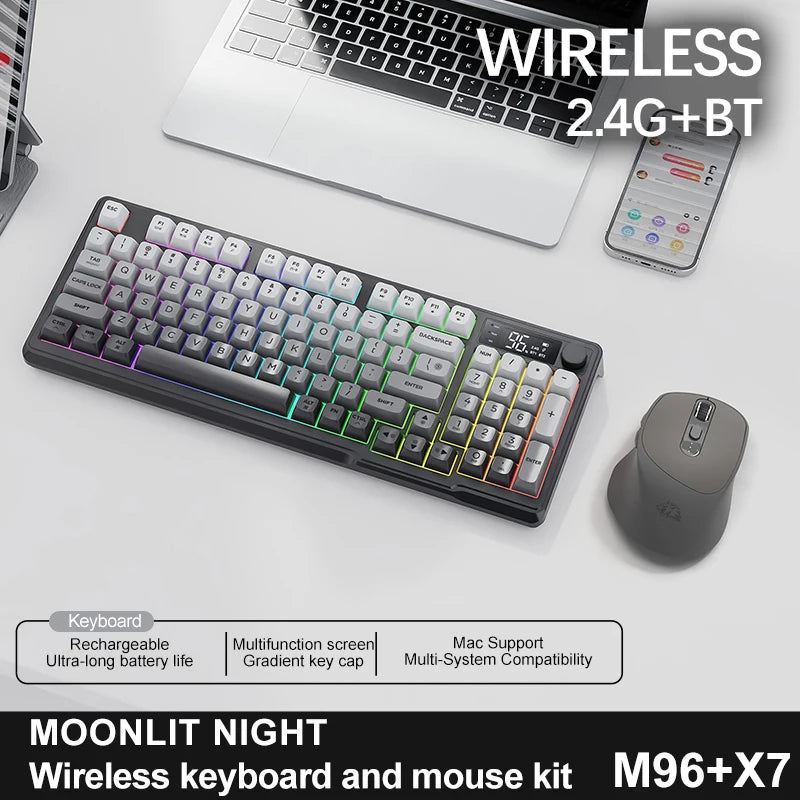 FREEWOLF M96 Wireless Keyboard & Mouse Combo – Dual Mode, Smart Screen, RGB Backlight