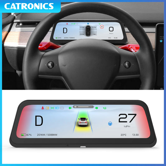 CATRONICS 9.6″ Tesla Instrument Cluster HUD – Linux Display with Wireless CarPlay & Android Auto, Blind Spot Alerts