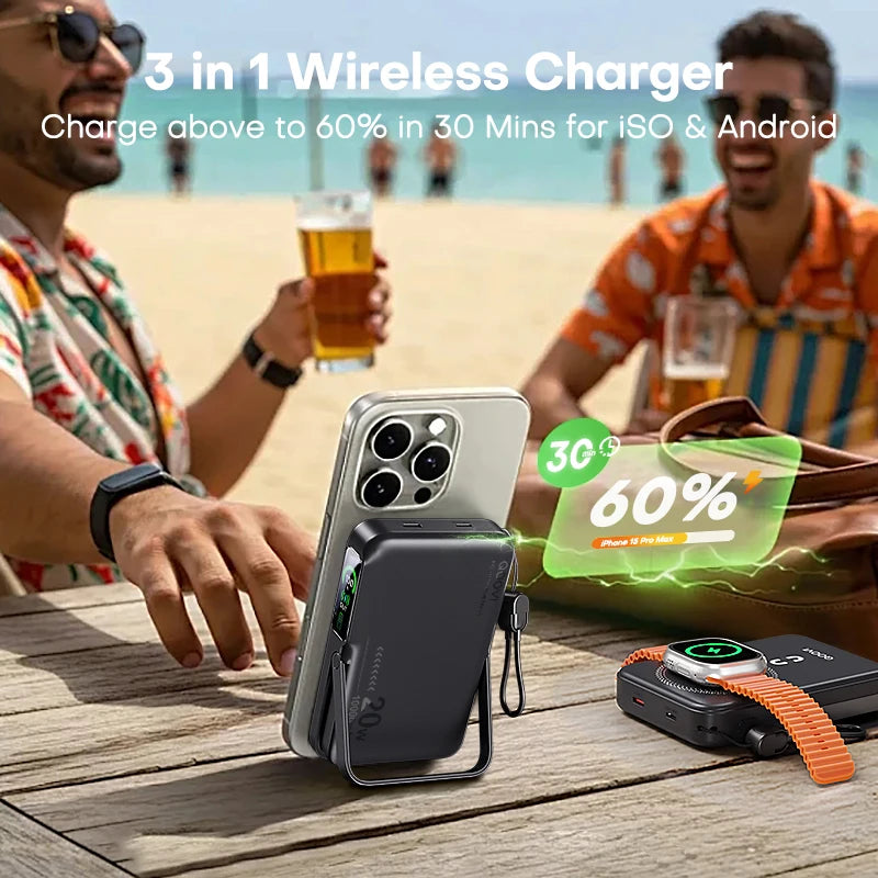 10000mAh Wireless Power Bank – 3-in-1 Magnetic Charger with TFT Display & Stand