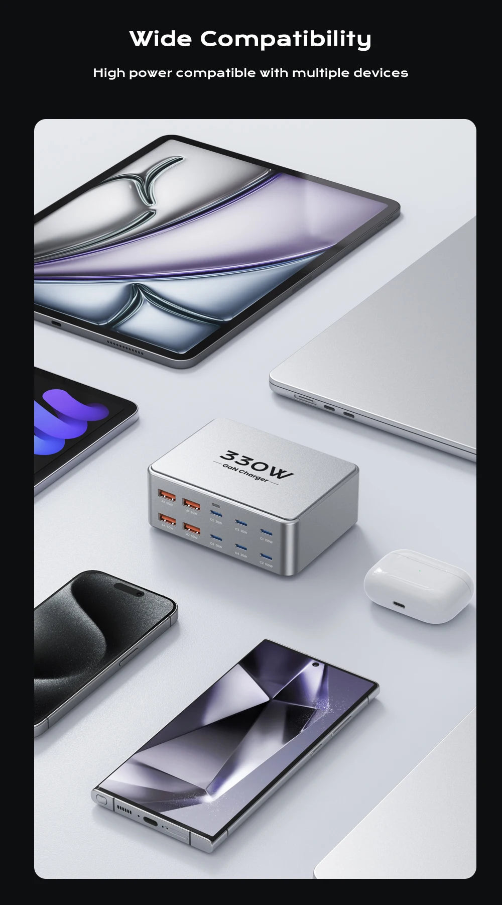 AS330W 330W GaN Desktop Charger – 10-Port USB-C & USB-A Fast Charging Station