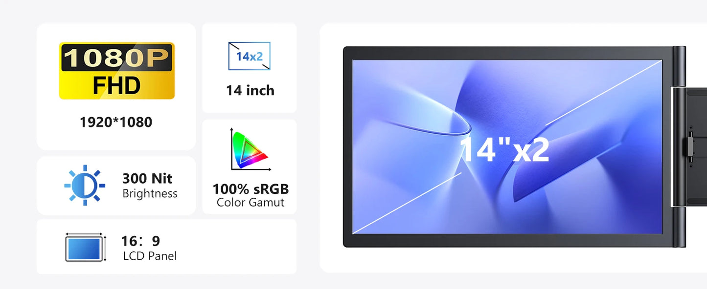 Amoudo 14″ Triple Screen Laptop Extender IPS Monitor | FHD 1920×1080 | USB-C Plug & Play | Portable Dual Screen