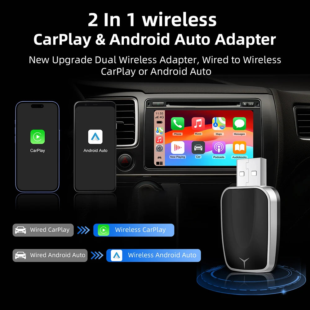 Wireless Android Auto & CarPlay Adapter – Wired to Wireless Smart Box USB Plug & Play with WiFi Auto Connect