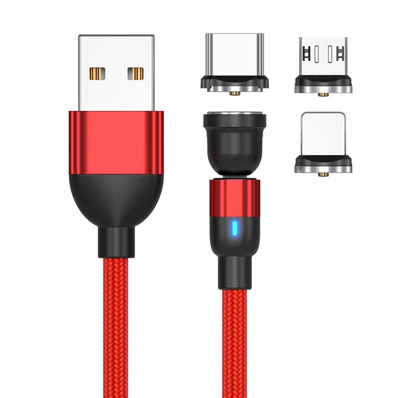 540° Rotating Magnetic Charging Cable | 3-in-1 USB-A to Type-C / Micro USB / Lightning