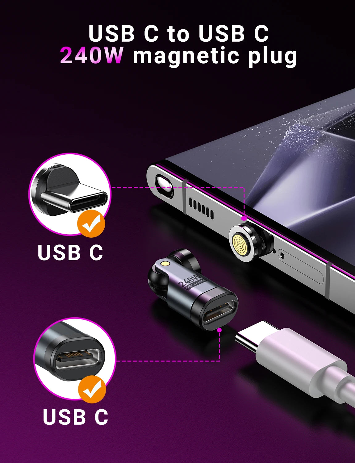 Magnetic Type-C Adapter 9-Pin | PD 240W Fast Charge & Data Transmission
