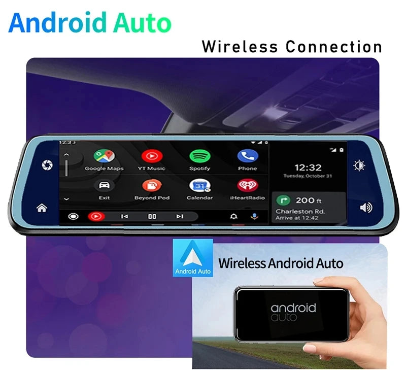 10″ 4K Car DVR Touch Screen with Wireless CarPlay & Android Auto – Front & Rear Dash Cam