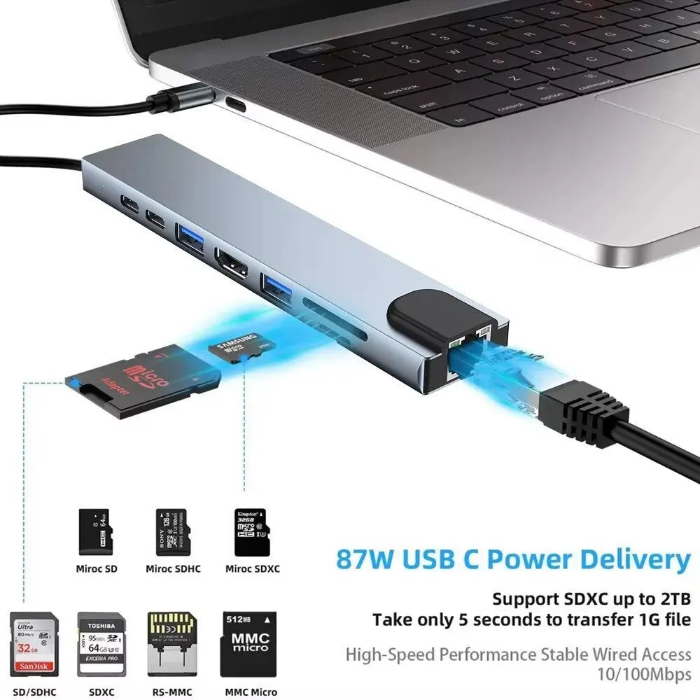 Type-C Hub 8-Port – 4K HDMI, LAN, USB 3.0, SD/TF, 100W PD Adapter