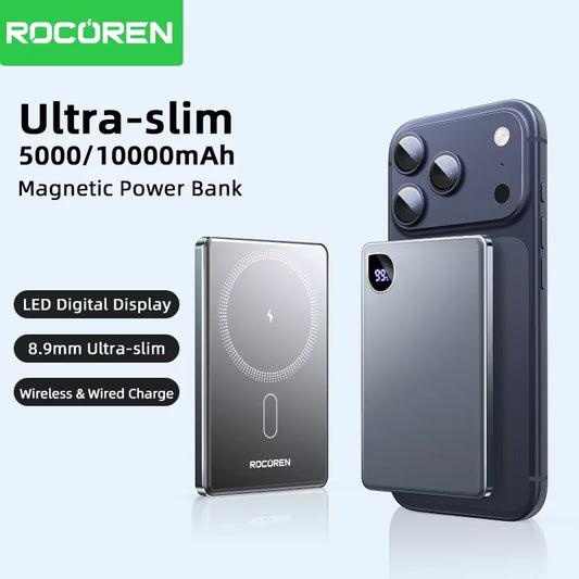 Rocoren Magnetic Power Bank 10000mAh | 20W PD Fast Charge | Wireless Charging | Digital Display