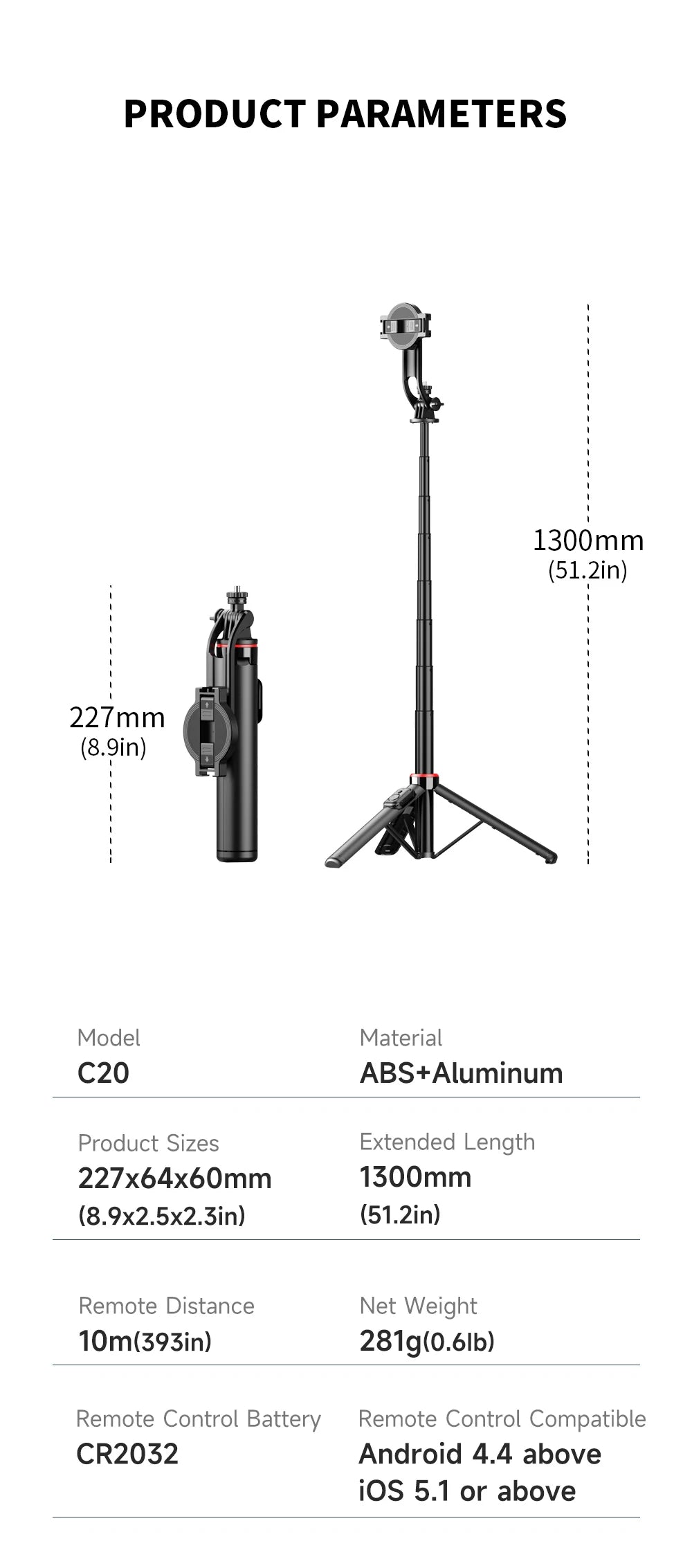 Magnetic Bluetooth Selfie Stick Tripod with Remote – Selfieshow C20