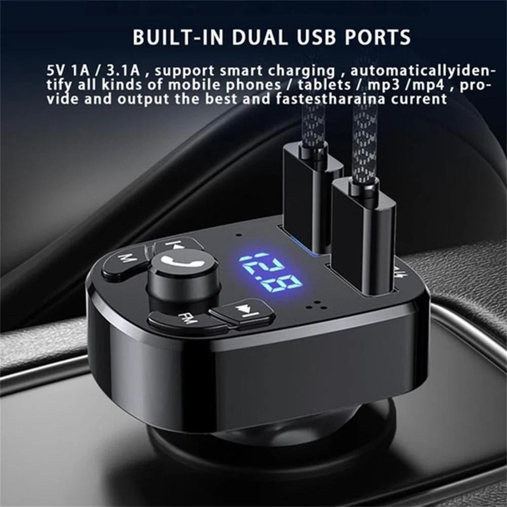 Bluetooth 5.0 Car FM Transmitter with Dual USB Fast Charging, Hands-Free Calls & LED Voltage Display (12V–24V)