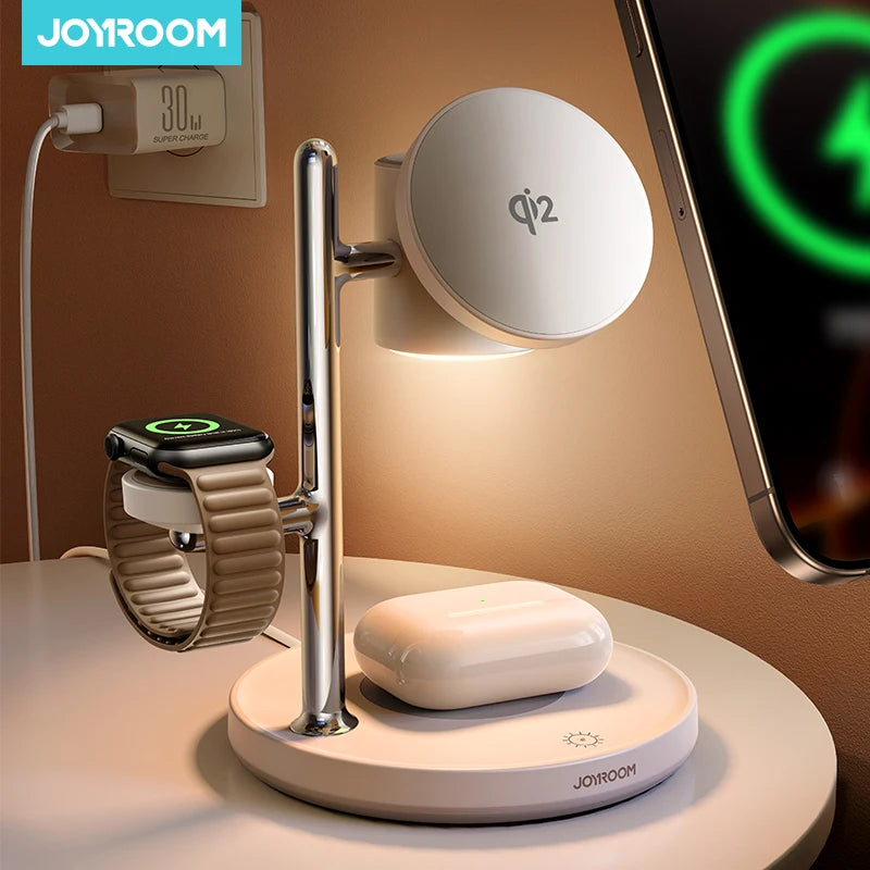 JOYROOM Qi2 4-in-1 Wireless Charging Station – 15W Fast MagSafe Charger with Night Lamp