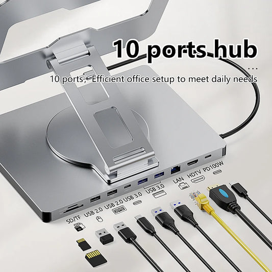 Aluminum Laptop Stand Hub 10-in-1 – USB-C Dock with 4K@60Hz HDMI, SD/TF & RJ45