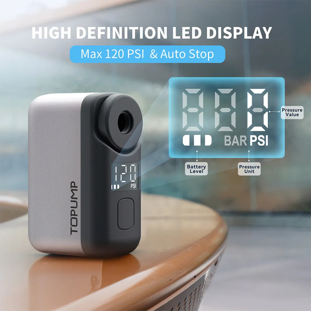 TOPUMP Mini Electric Bike Tire Inflator 110PSI Cordless Air Pump with Digital Display & Memory Pressure Setting