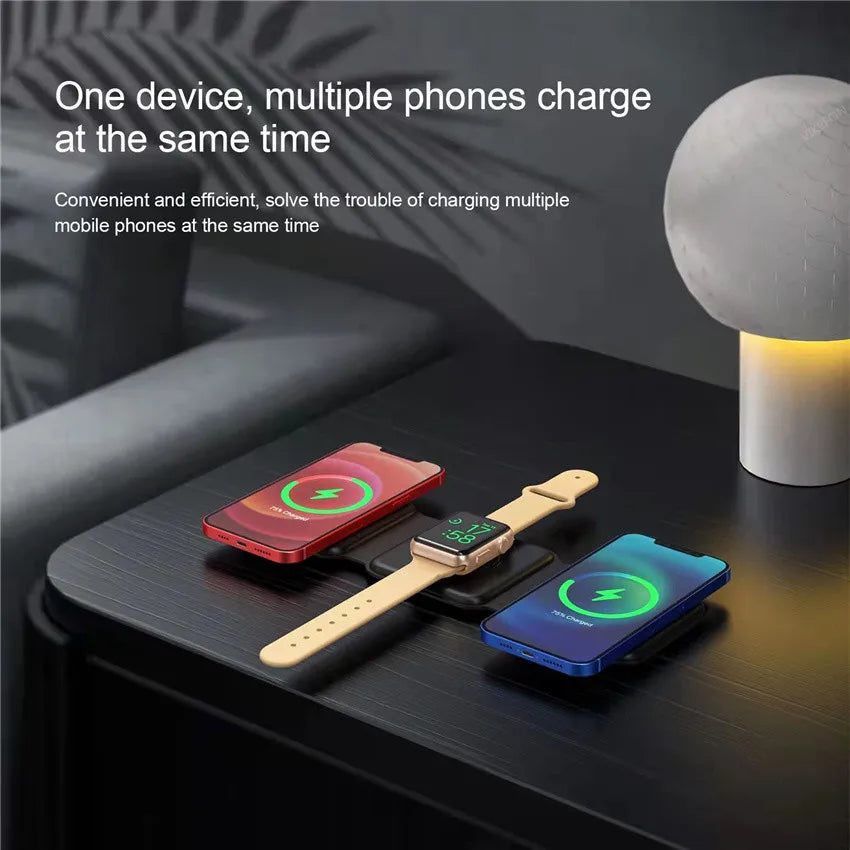 VIKEFON 3-in-1 Magnetic Wireless Charger 15W | Foldable Fast Charging Stand for iPhone, Apple Watch & AirPods