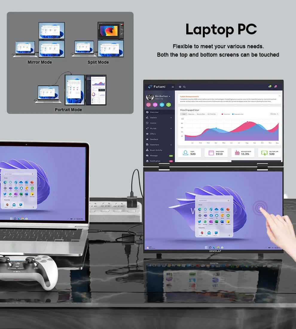 ZEUSLAP Z15WT 15.6″ Dual Touch Portable Monitor | Foldable Laptop Screen Extender | FHD IPS HDR10 | Thunderbolt USB-C