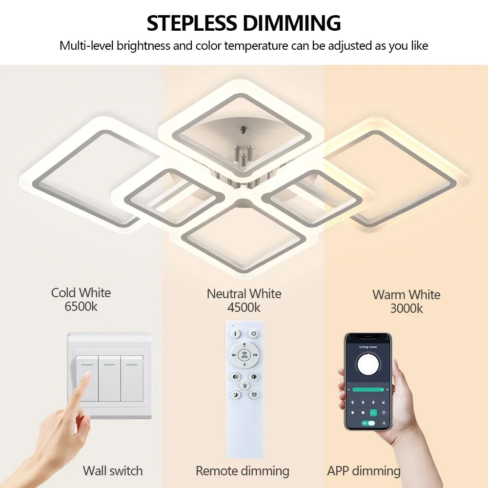 Jelena Modern Square LED Ceiling Lamp | Smart Dimming, 4–10 Head Options