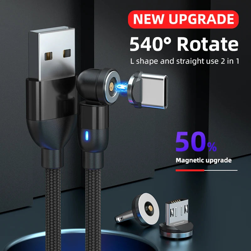 540° Rotating Magnetic Charging Cable | 3-in-1 USB-A to Type-C / Micro USB / Lightning