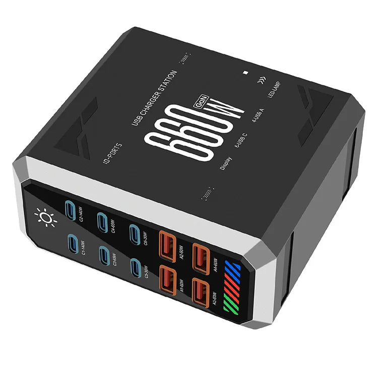 10-in-1 660W USB-C Power Hub – Multi-Device Fast Charging Station with Global Plugs