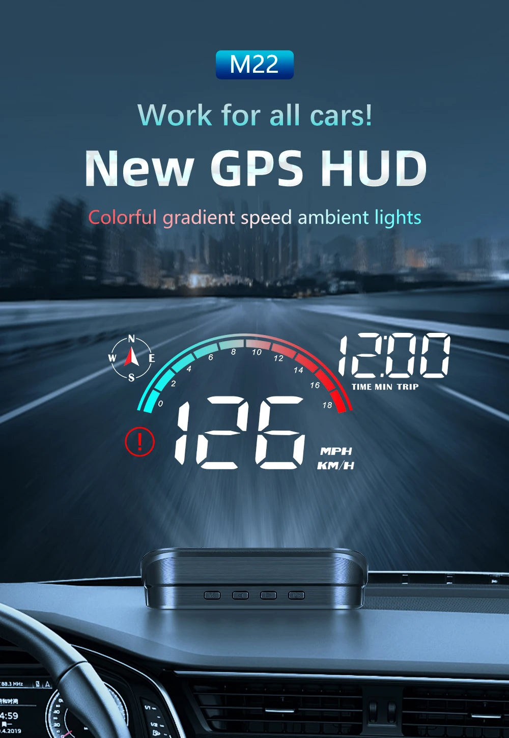 RYSJM Dual-Mode GPS & OBD Car Head-Up Display – Speed HUD with Compass, Large Font & Overspeed Alarm (Universal Fit